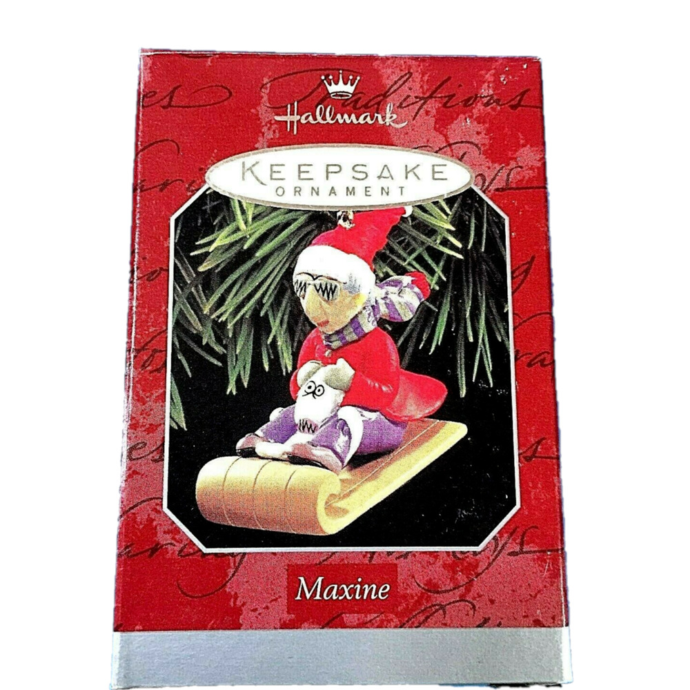 NEW Hallmark 1998 MAXINE CHRISTMAS ORNAMENT Lady Floyd Dog Toboggan Sled BOXED